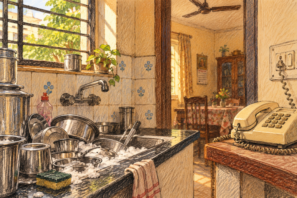 Sketch of a 1990s Indian kitchen with steel utensils by the sink and a landline telephone nearby.